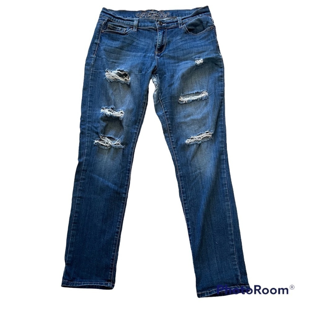 WAX jean distressed medium wash medium rise skinny jeans, size 9